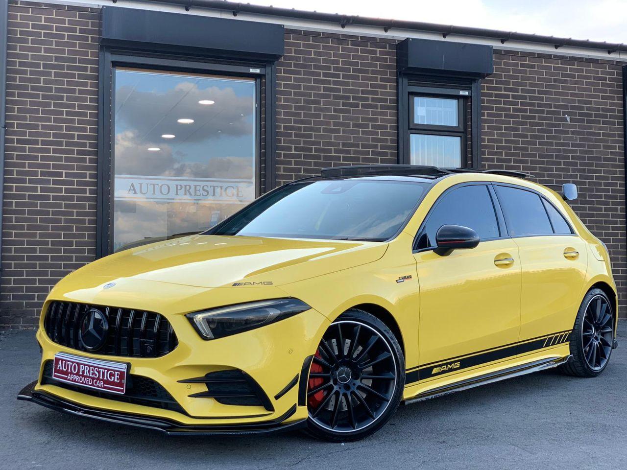 Mercedes-Benz A Class 2.0 A35 4Matic Premium Plus 5dr Auto HUGE SPEC SUNFLOWER YELLOW BLACK PACKAGE EDITION 1 DECALS AS NEW Hatchback Petrol Yellow at Autoprestige Bradford